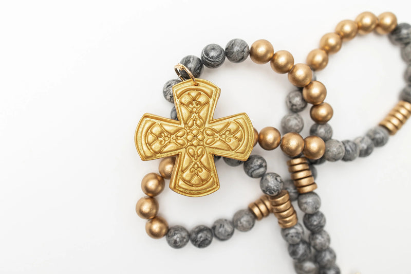 34" Gray Map Jasper with Kristin Cross