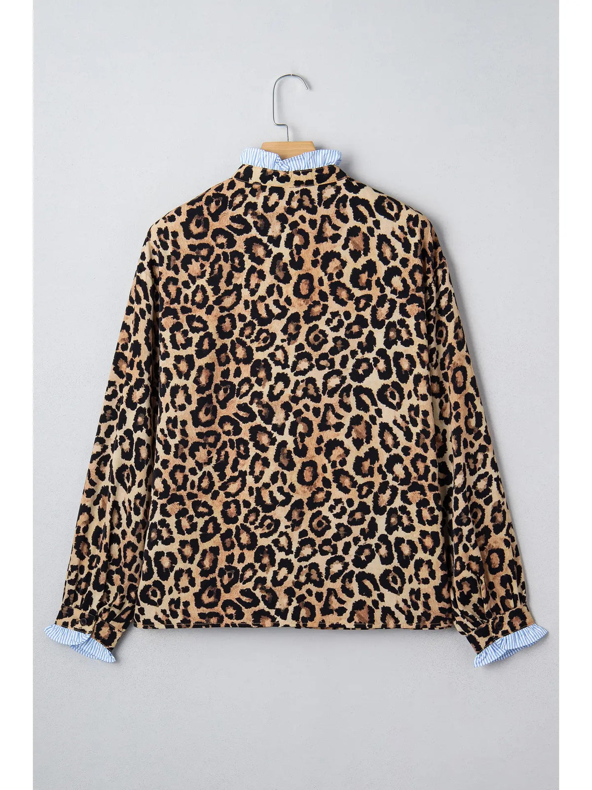 Leopard Print Stripe Frilled Mock Neck Shirt