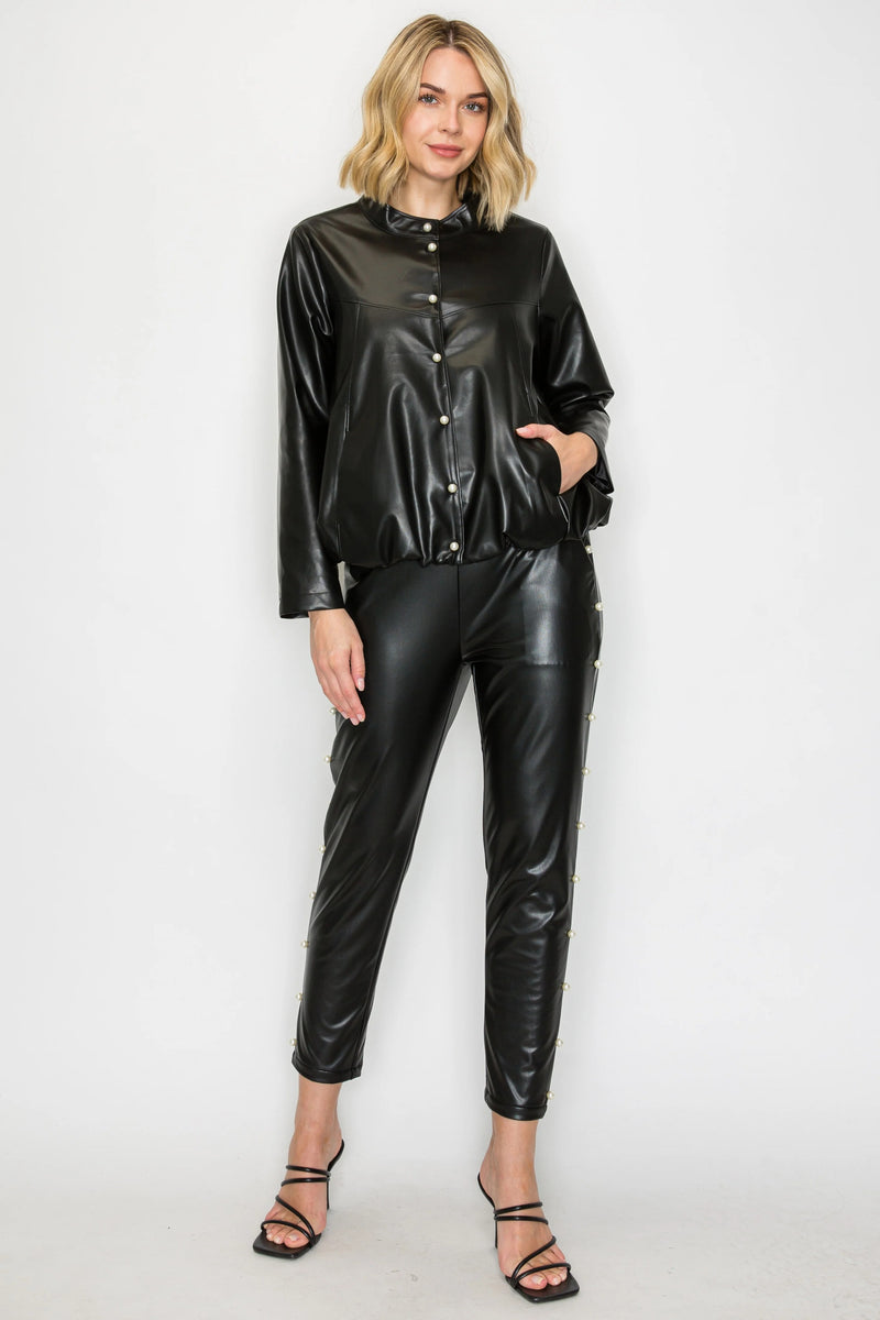Jae Stretch Leather Jacket W/ Pearls