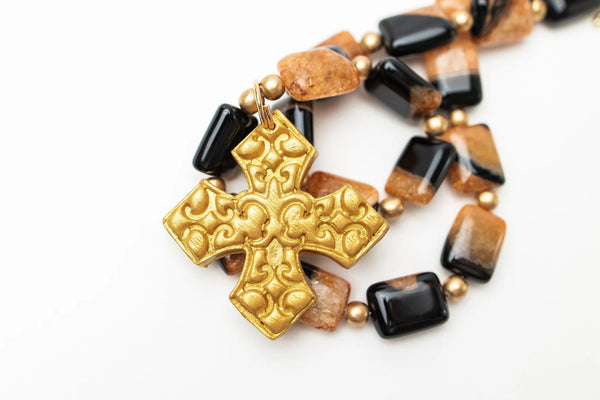 18" Black and Tan Agate with Elaina Cross