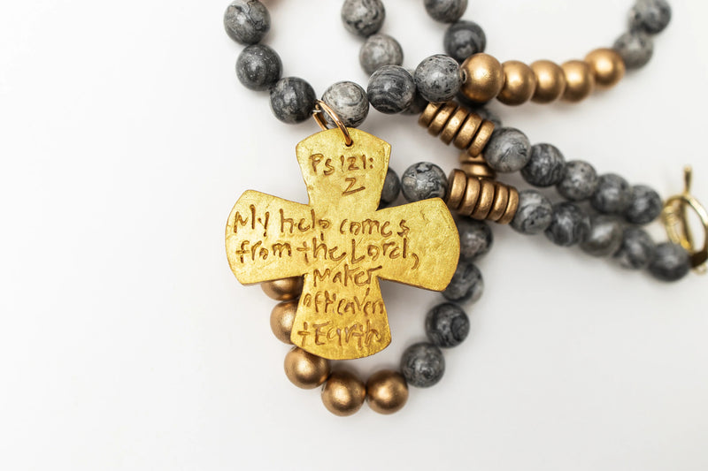 34" Gray Map Jasper with Kristin Cross