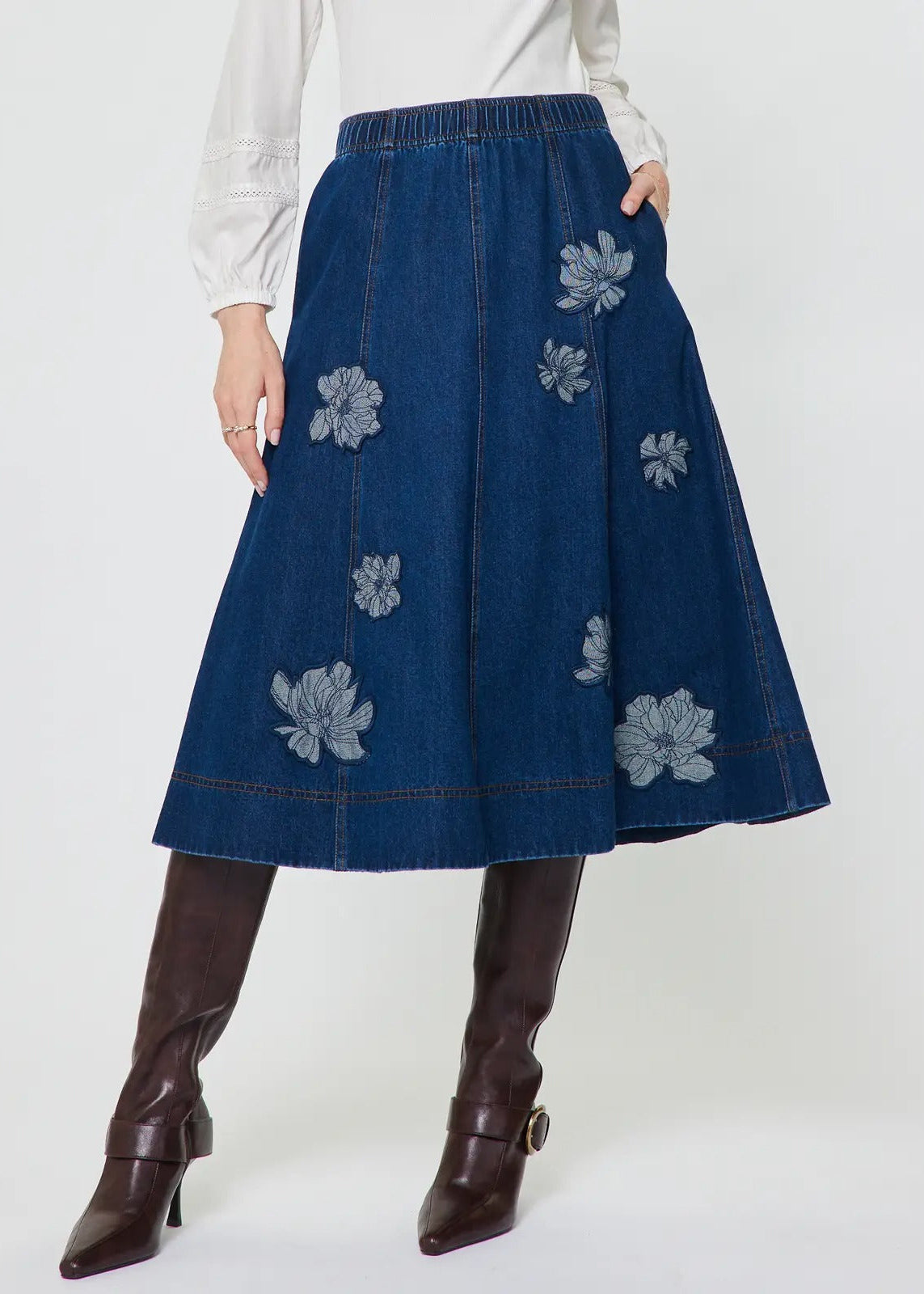 Floral Embroidery Patch Denim Midi Skirt