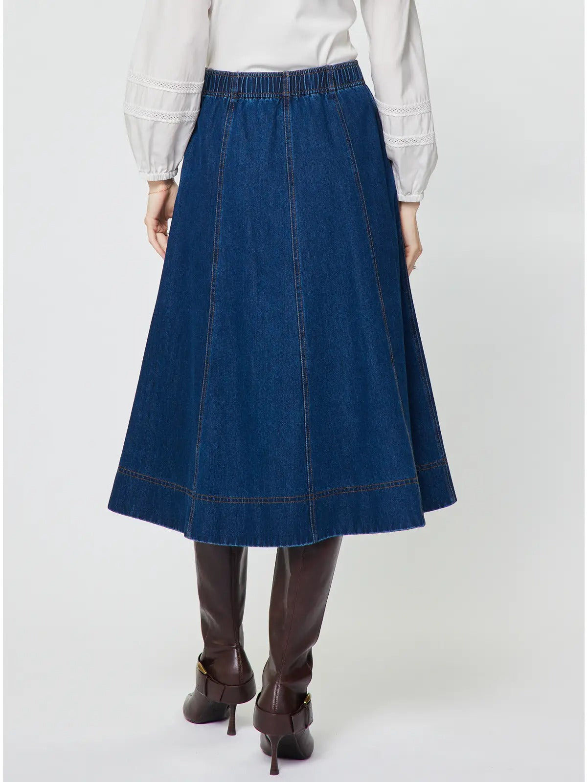 Floral Embroidery Patch Denim Midi Skirt