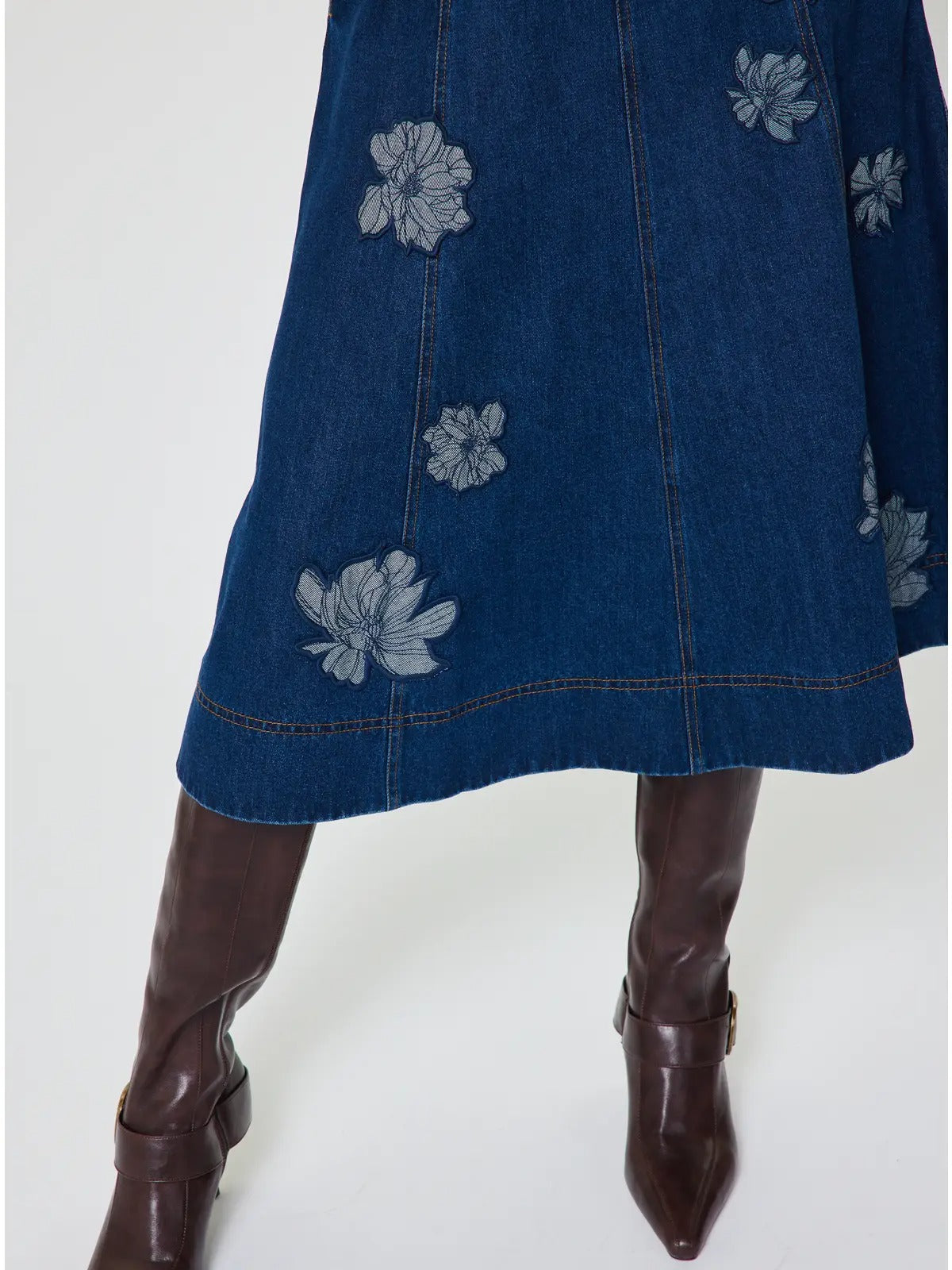 Floral Embroidery Patch Denim Midi Skirt