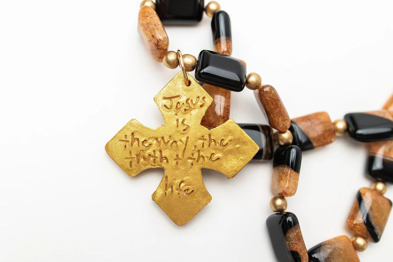 18" Black and Tan Agate with Elaina Cross