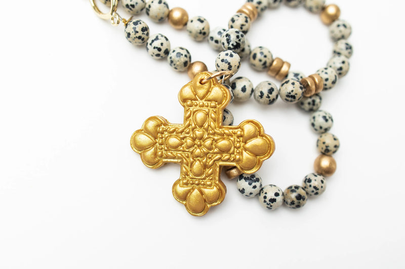 18" Dalmatian Jasper with Crown Cross