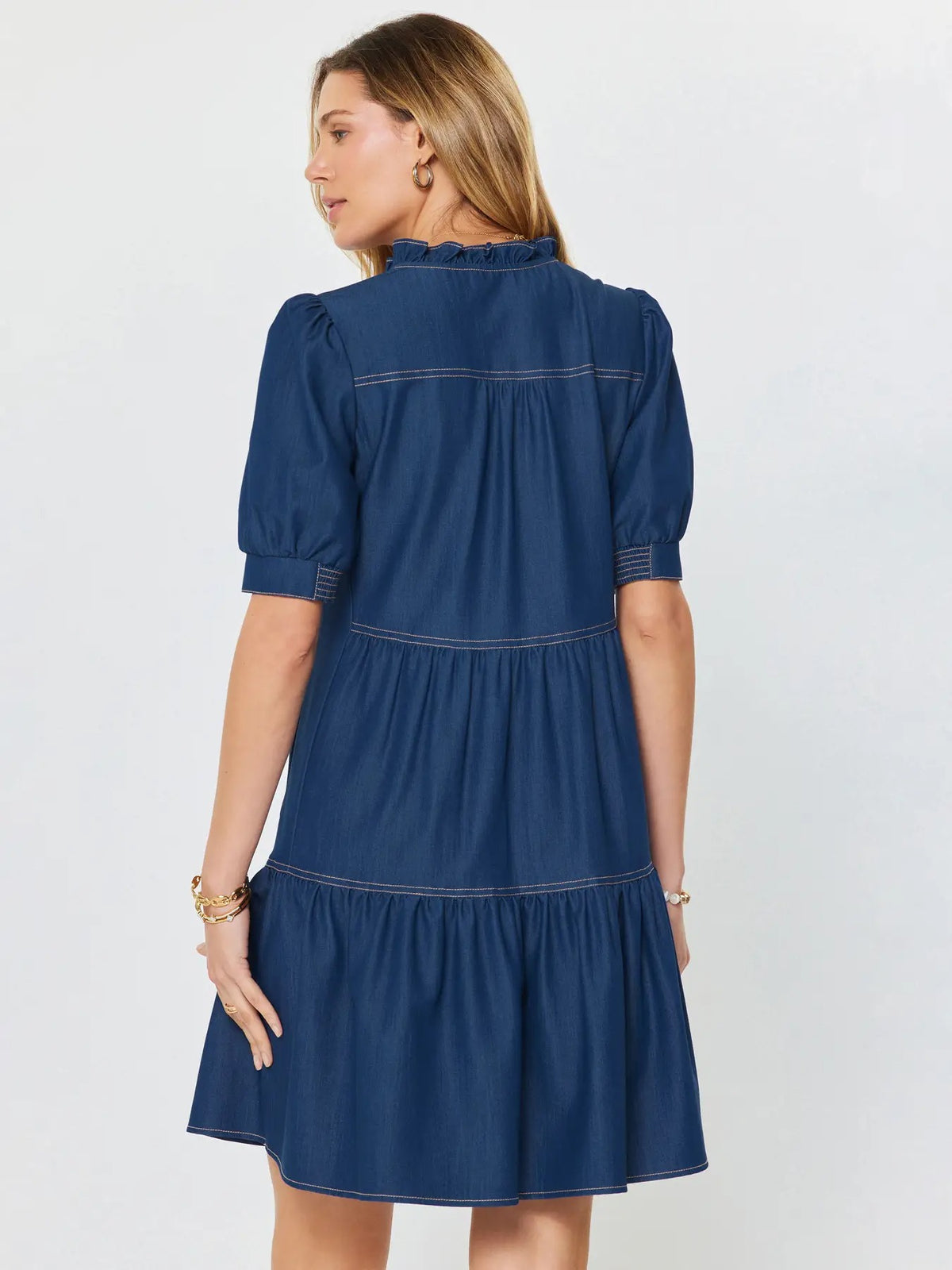 Denim Tiered Short Sleeve Mini Dress
