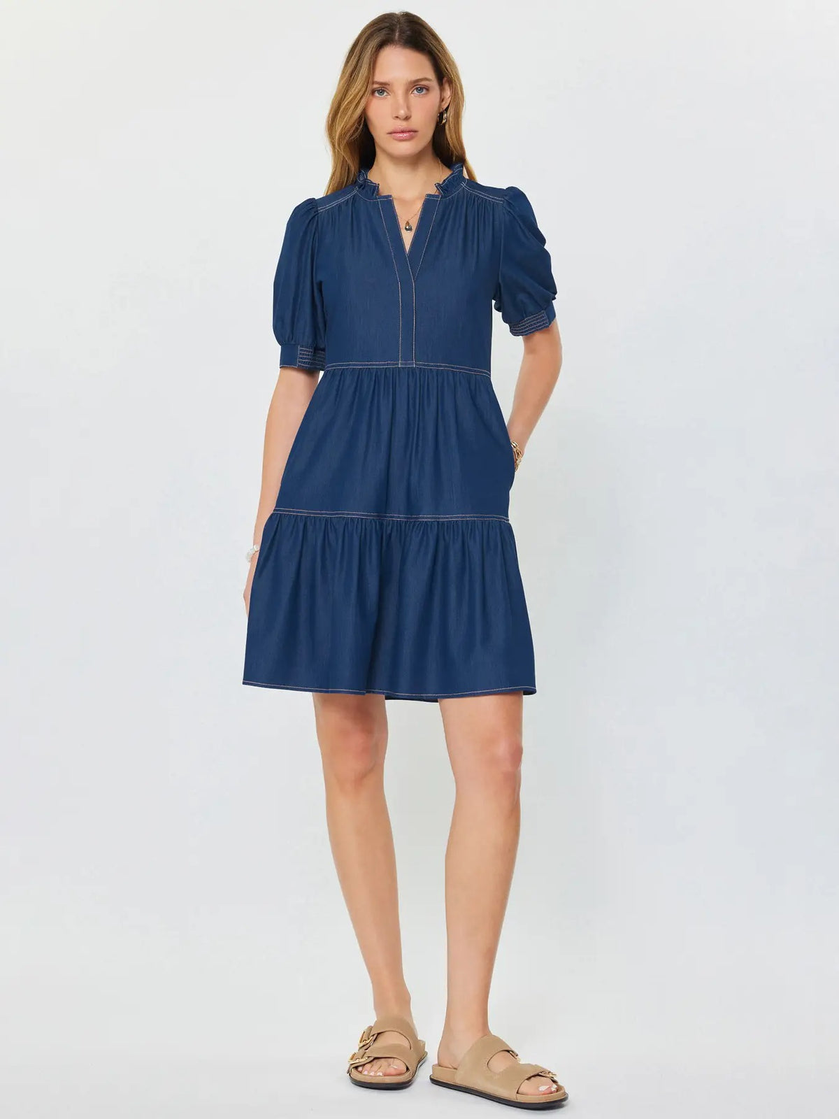 Denim Tiered Short Sleeve Mini Dress