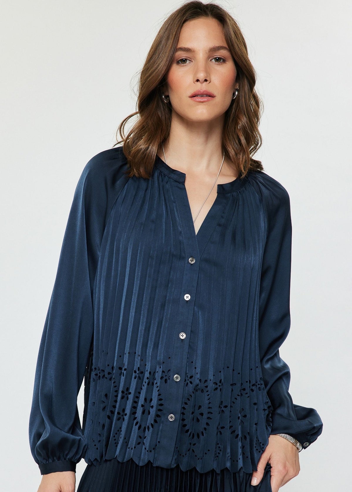 Split Neck Long Sleeve Button Up Eyelet Punching Pleated Top