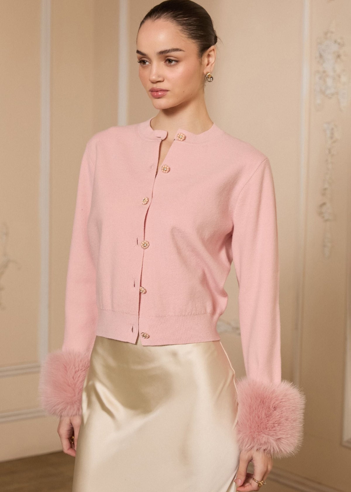 Round Neck Long Sleeve Fur Cuffs Cardigan