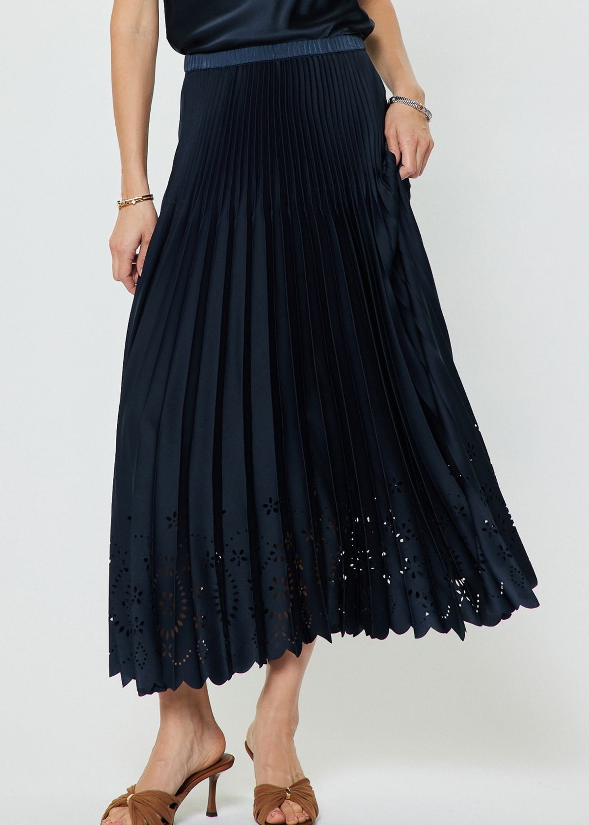Elasticized Waist Laser Cut Pleated Midi Skirt
