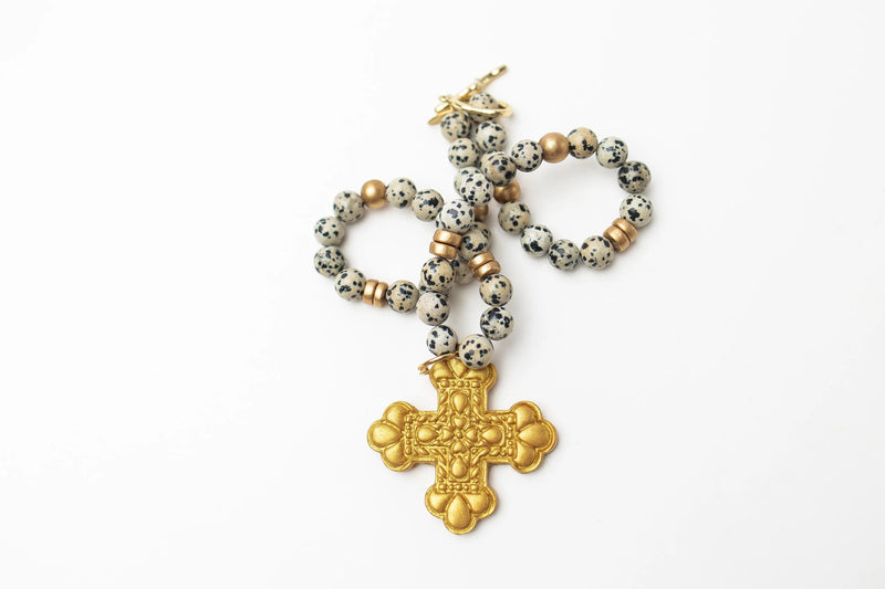 18" Dalmatian Jasper with Crown Cross