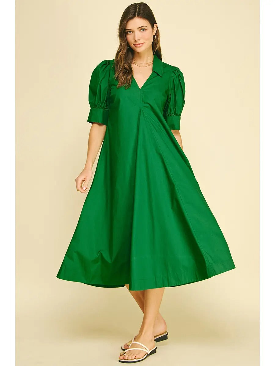 V-Neck Pleated A-Line Dress