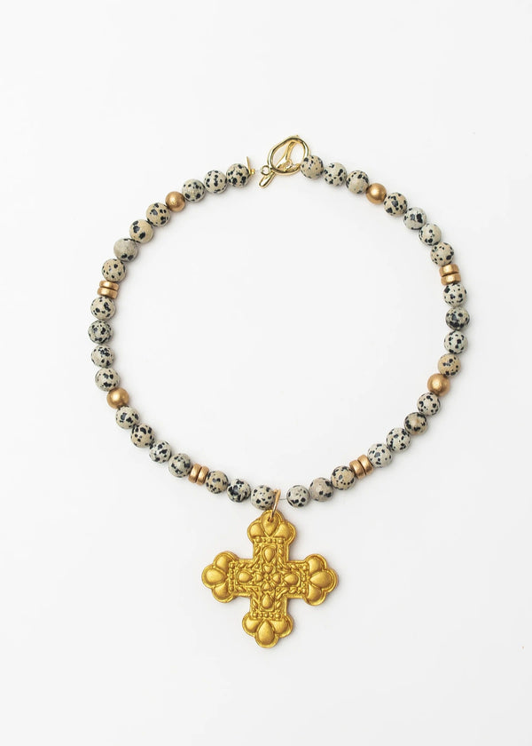 18" Dalmatian Jasper with Crown Cross