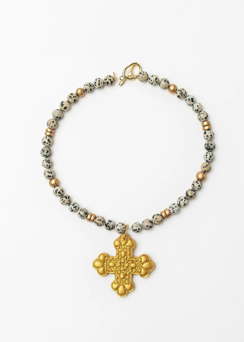 18" Dalmatian Jasper with Crown Cross