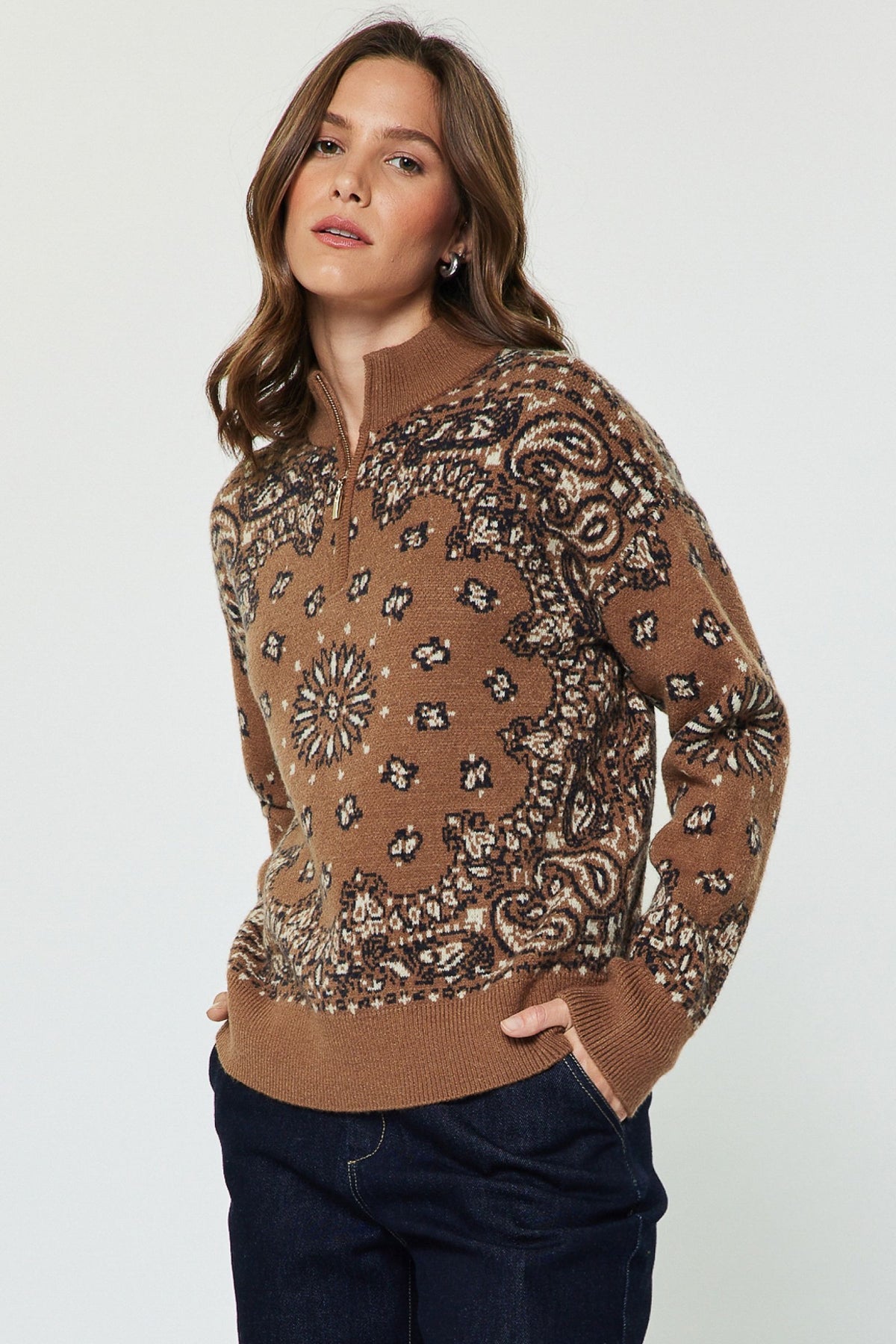 Pattern Jacquard Half Zip Up Long Sleeve Sweater