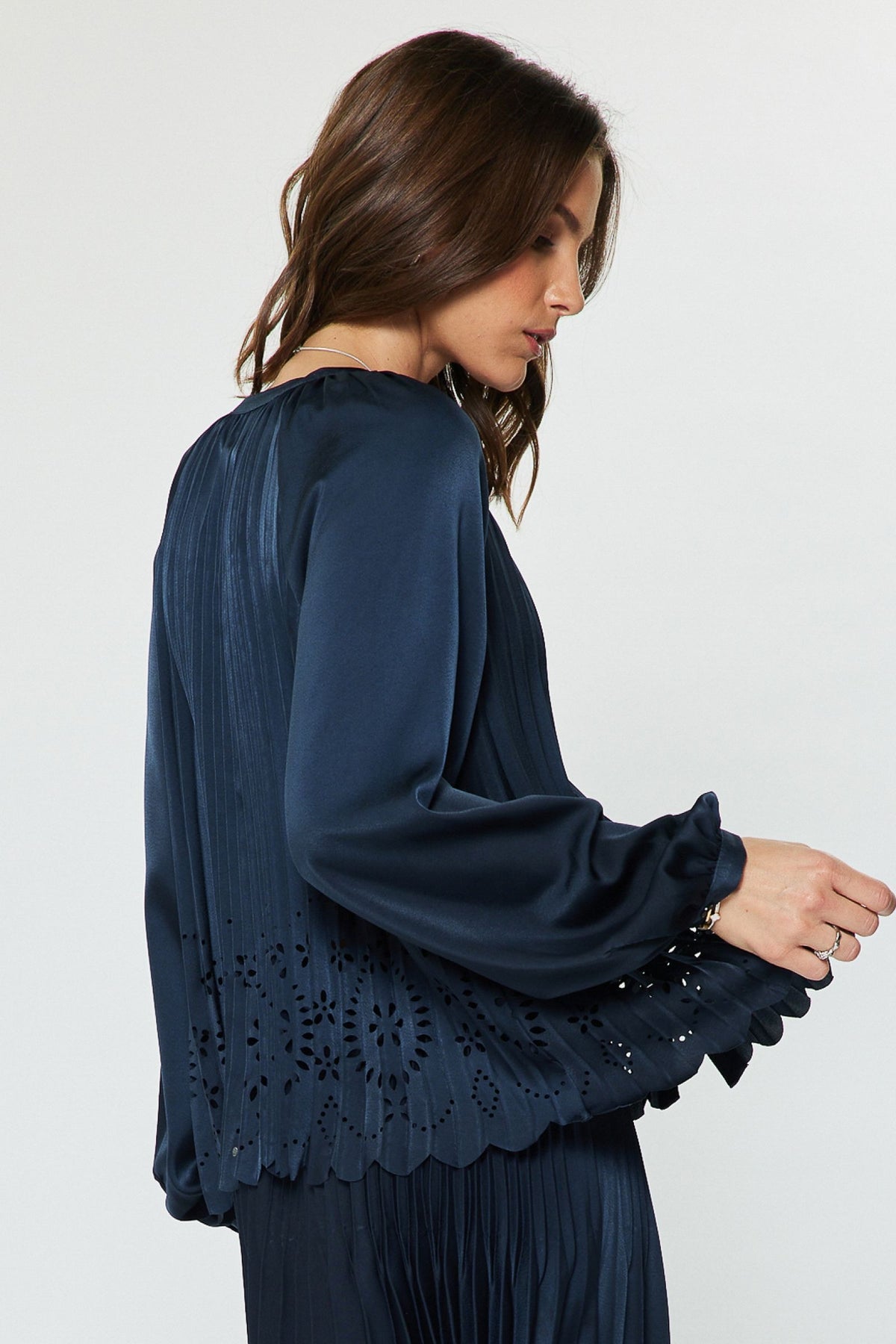 Split Neck Long Sleeve Button Up Eyelet Punching Pleated Top