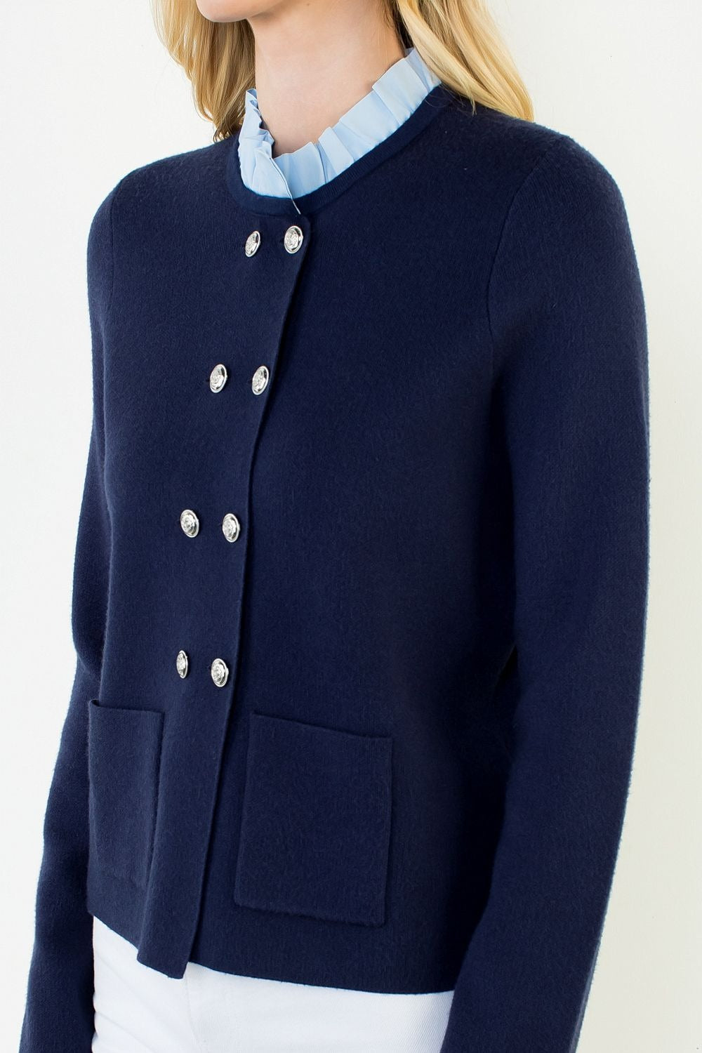 Ruffled Collar Cardigan with Silver Buttons