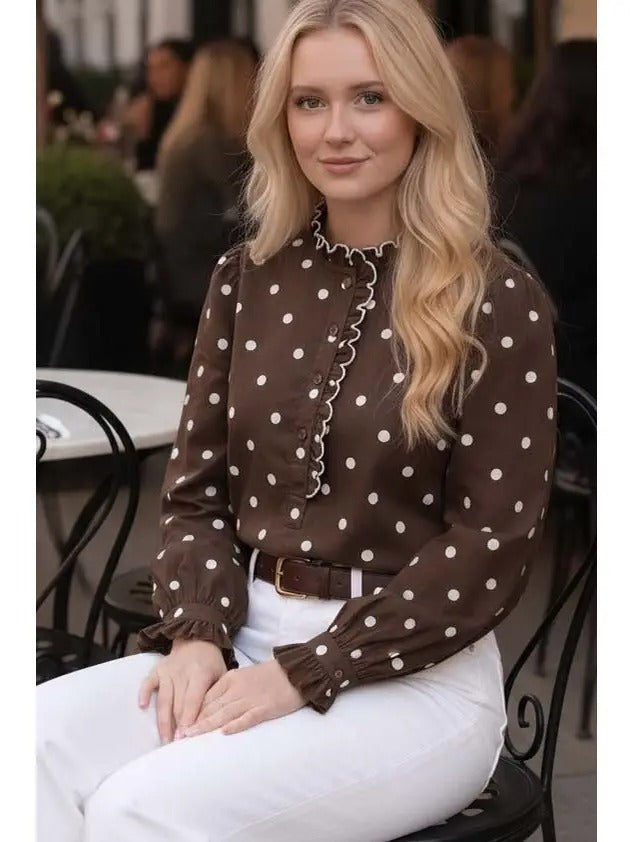 Polka Dot Scallop Ruffled Accent Detailing Blouse