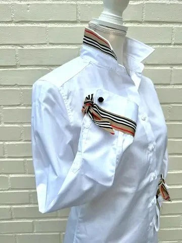 White Ribbon French Cuff w Brown/Black/Red/White Stripe Ribbon