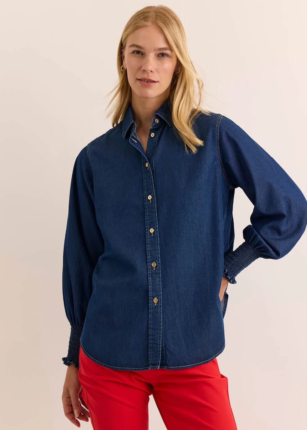 Oversized Smocked Long Sleeve Dark Wash Denim Shirt