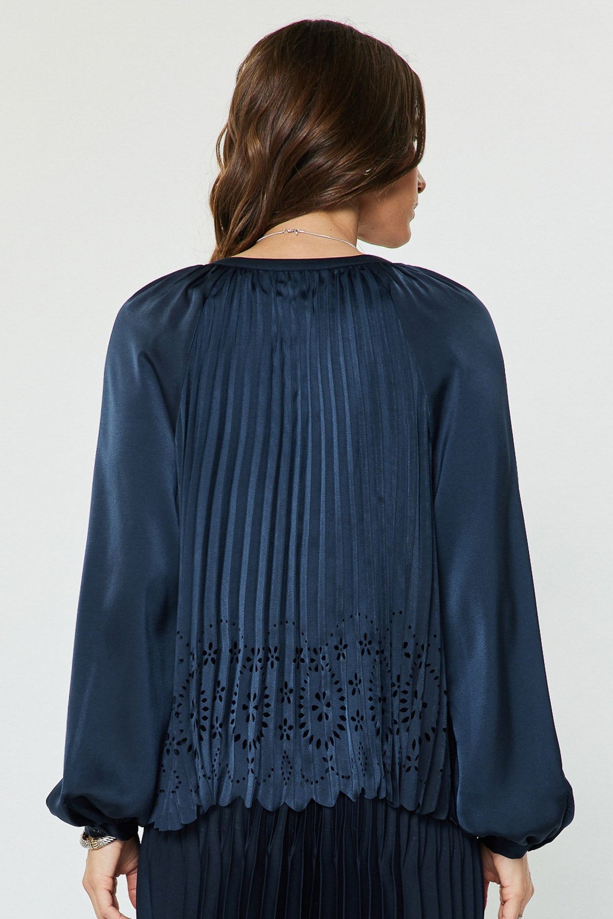 Split Neck Long Sleeve Button Up Eyelet Punching Pleated Top