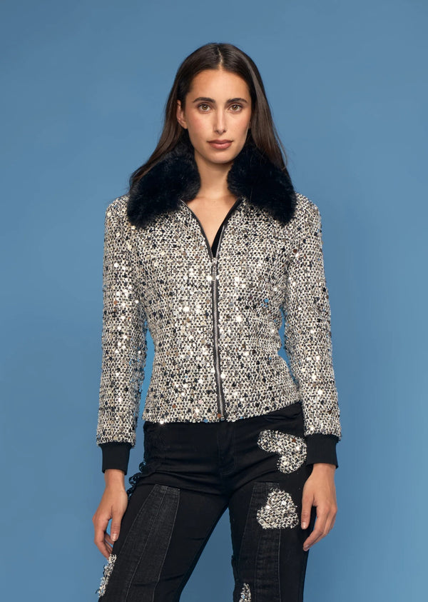 Boucle Sequin Jacket w/ Faux Fur Collar