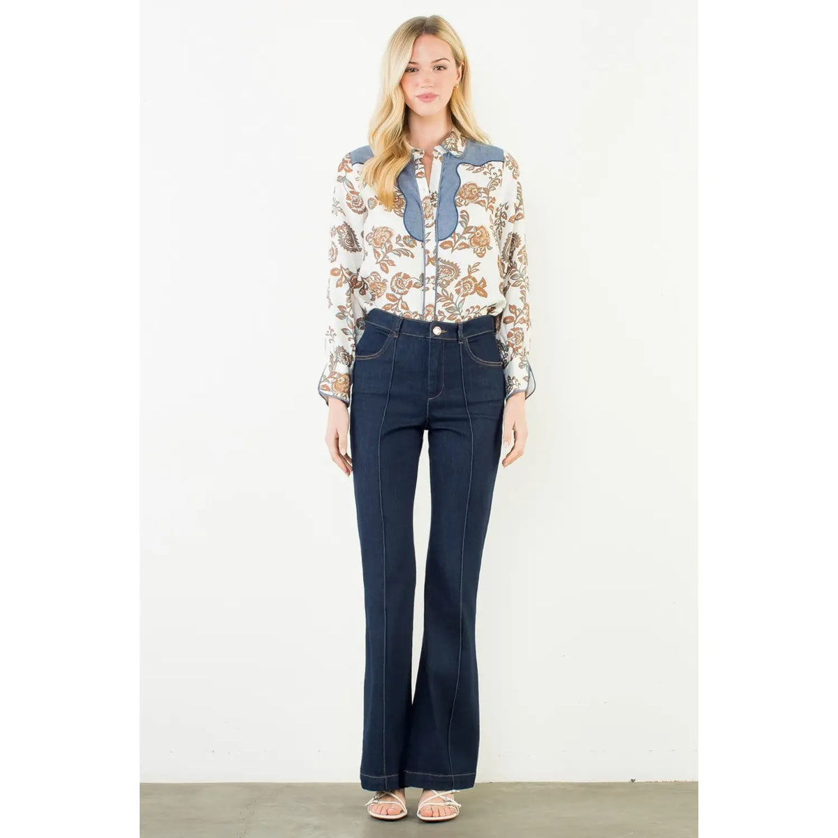 Long Sleeve Floral Detail Button Up Top