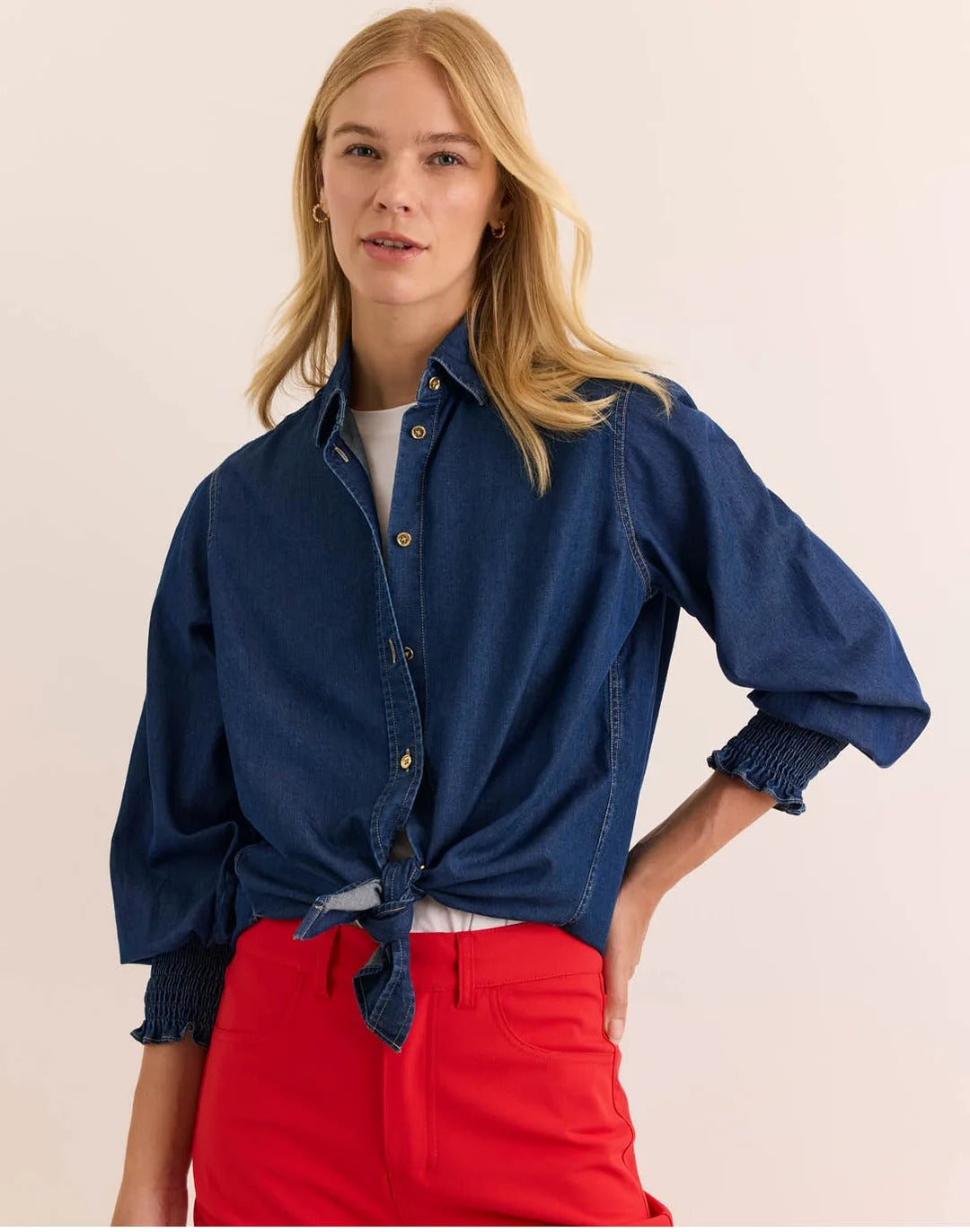 Oversized Smocked Long Sleeve Dark Wash Denim Shirt