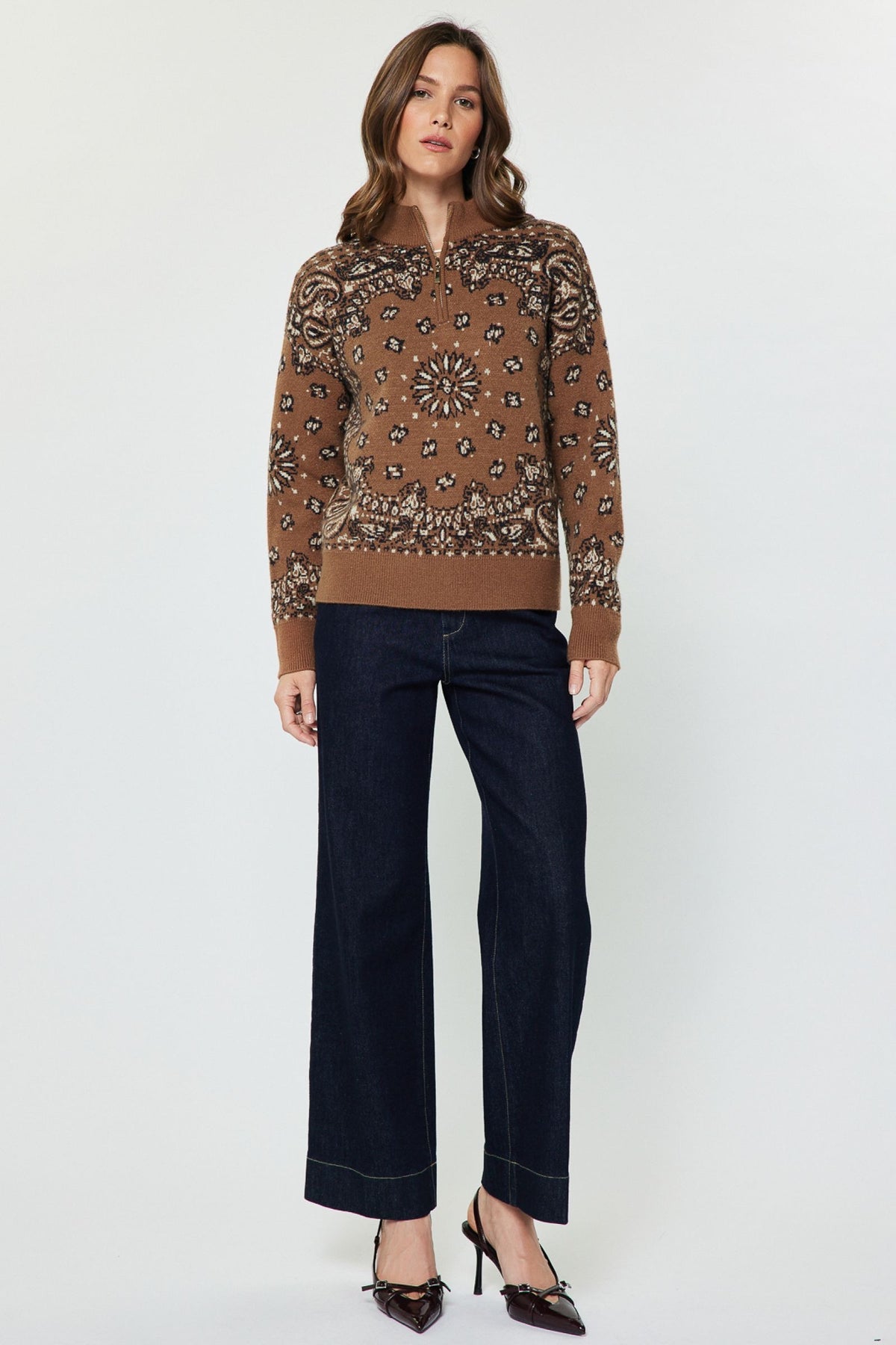 Pattern Jacquard Half Zip Up Long Sleeve Sweater