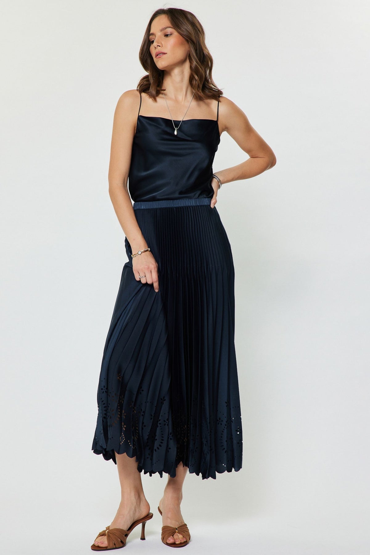 Elasticized Waist Laser Cut Pleated Midi Skirt