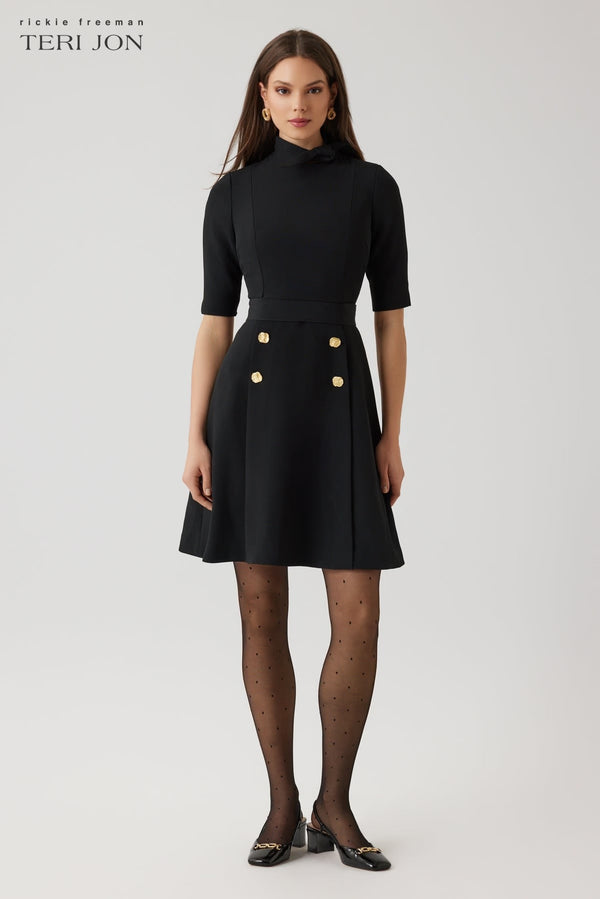 Crepe Fit And Flare Tie Neck Dress With Buttons