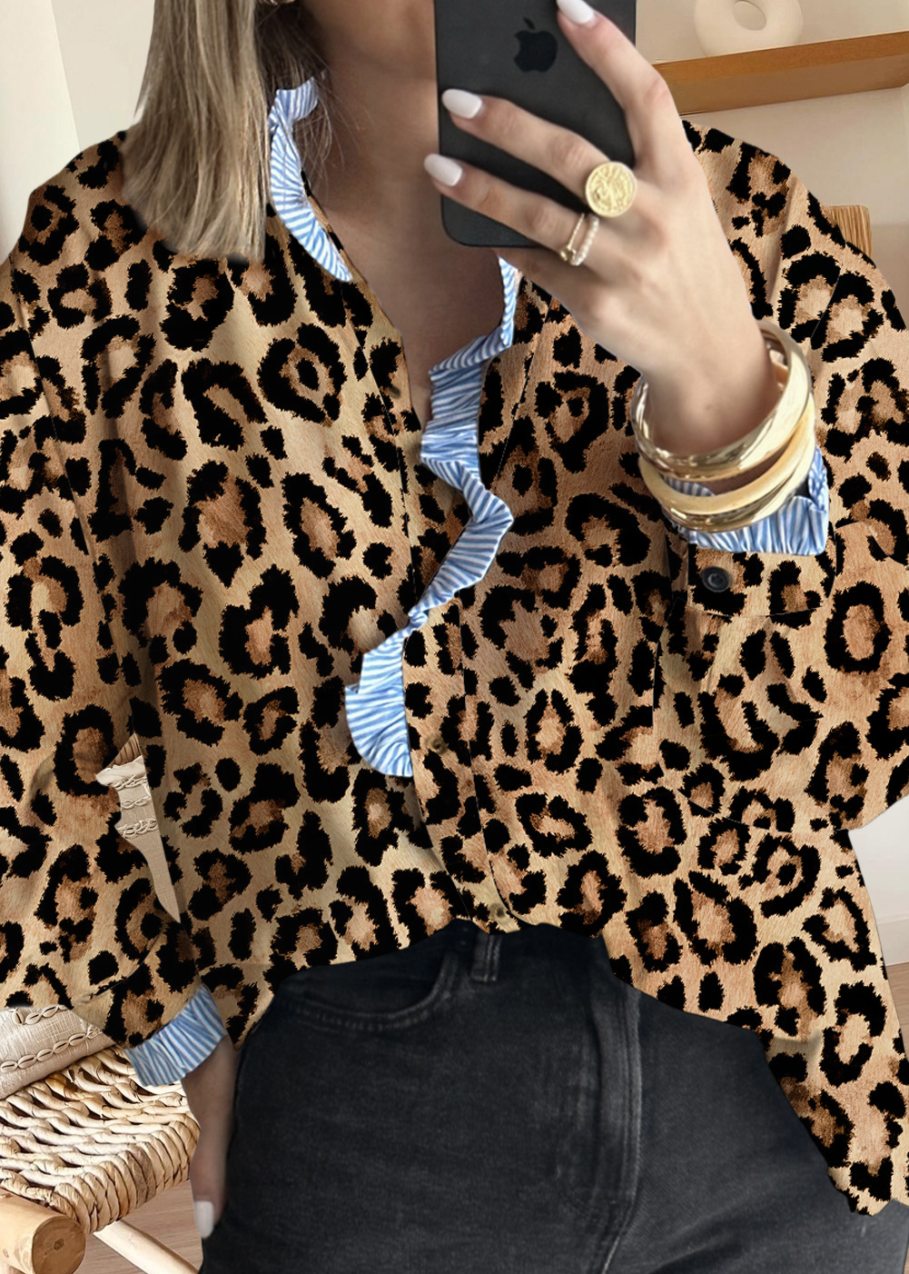 Leopard Print Stripe Frilled Mock Neck Shirt