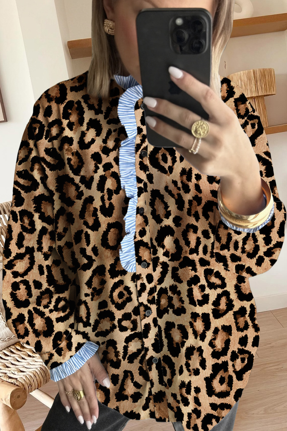 Leopard Print Stripe Frilled Mock Neck Shirt