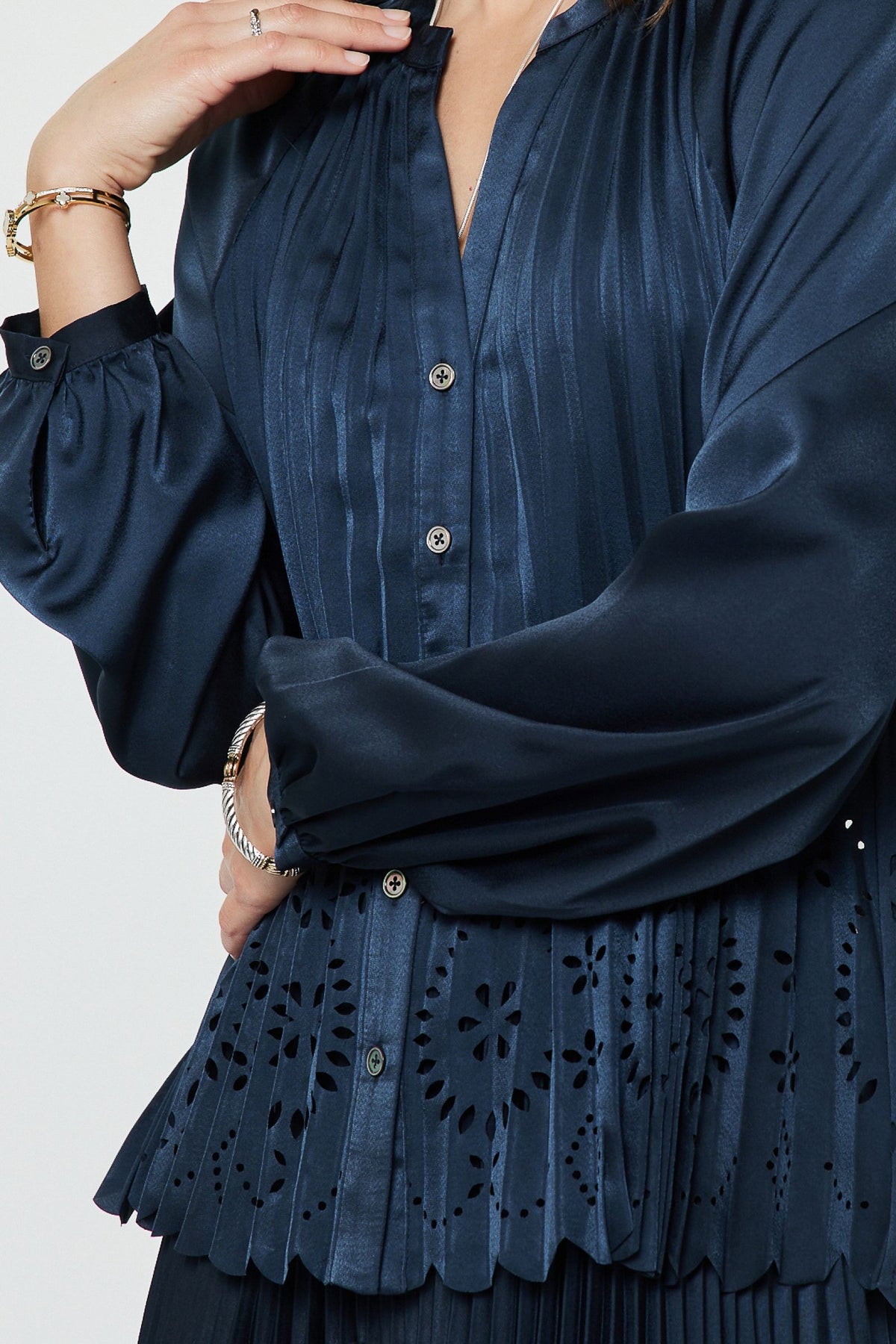 Split Neck Long Sleeve Button Up Eyelet Punching Pleated Top