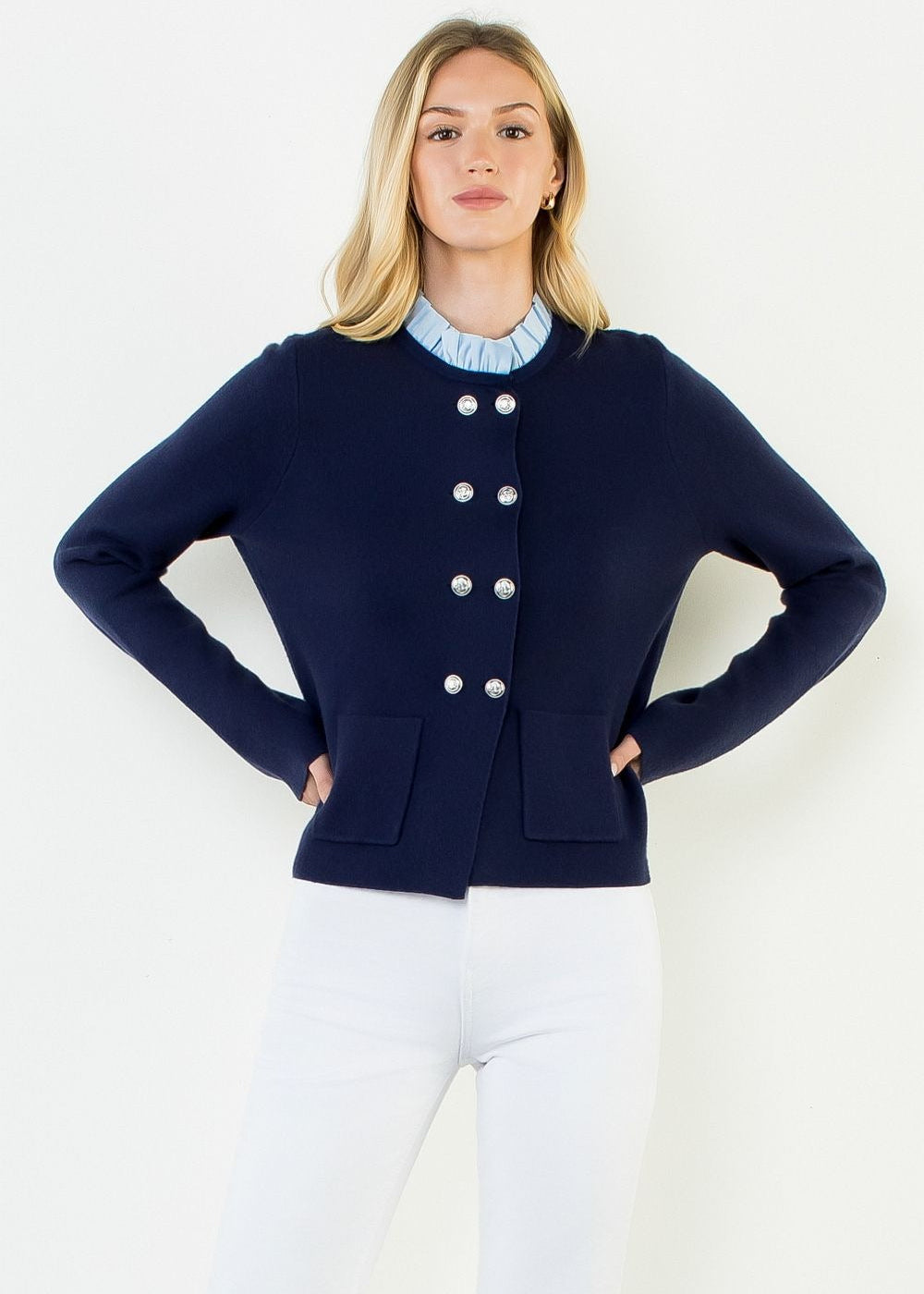 Ruffled Collar Cardigan with Silver Buttons