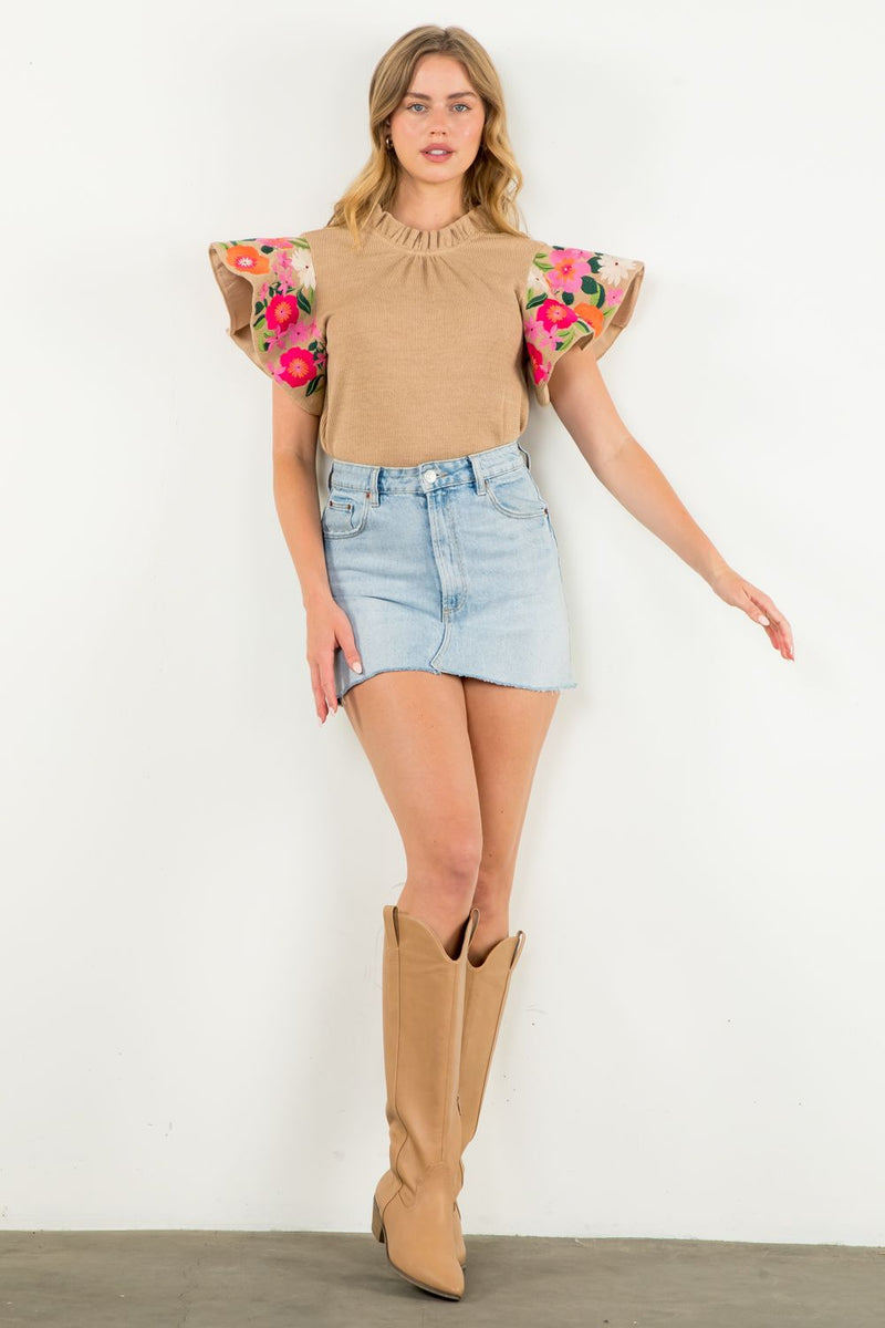 Embroidered Flutter Sleeve Top - Beige