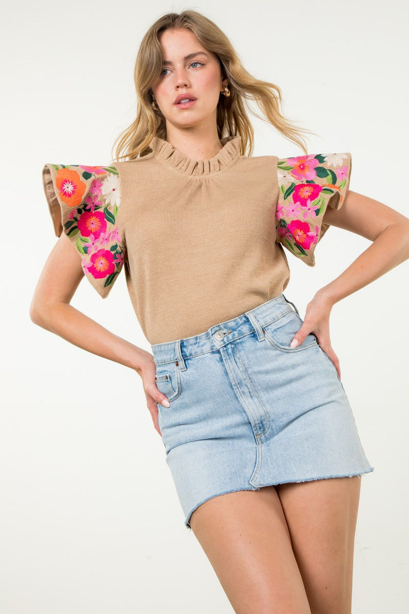 Embroidered Flutter Sleeve Top - Beige