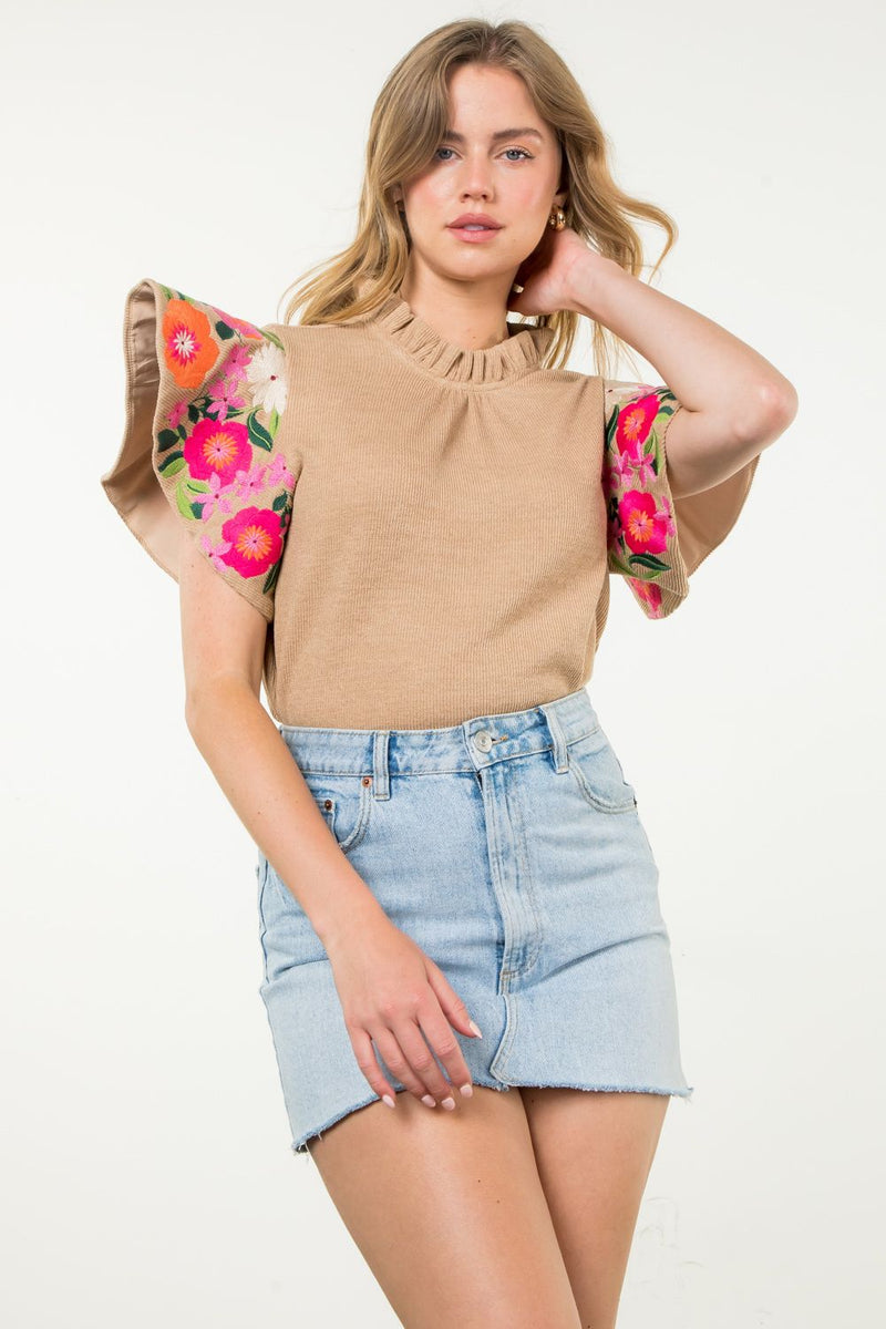 Embroidered Flutter Sleeve Top - Beige