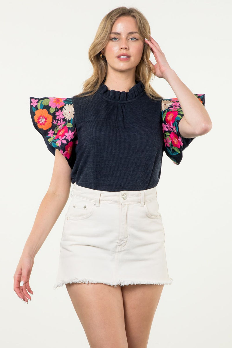 Embroidered Flutter Sleeve Top - Navy