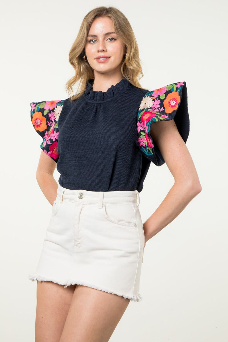 Embroidered Flutter Sleeve Top - Navy