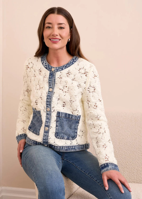Mixed Media Crochet Jacket With Denim Detail