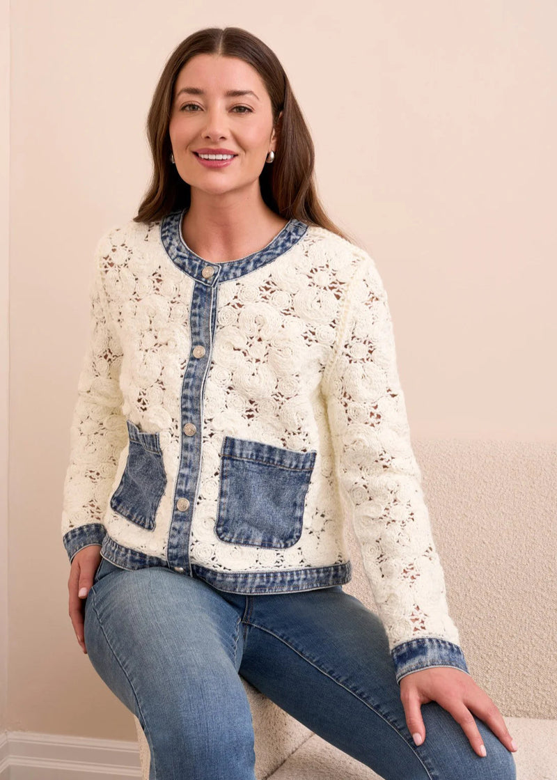 Mixed Media Crochet Jacket With Denim Detail