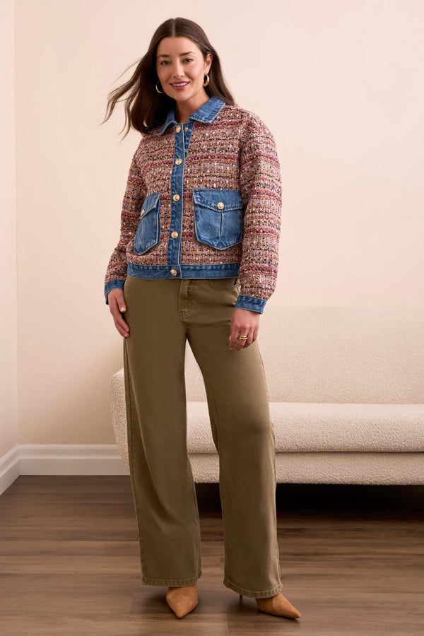 Mixed Media Plaid Jacket With Denim Inserts