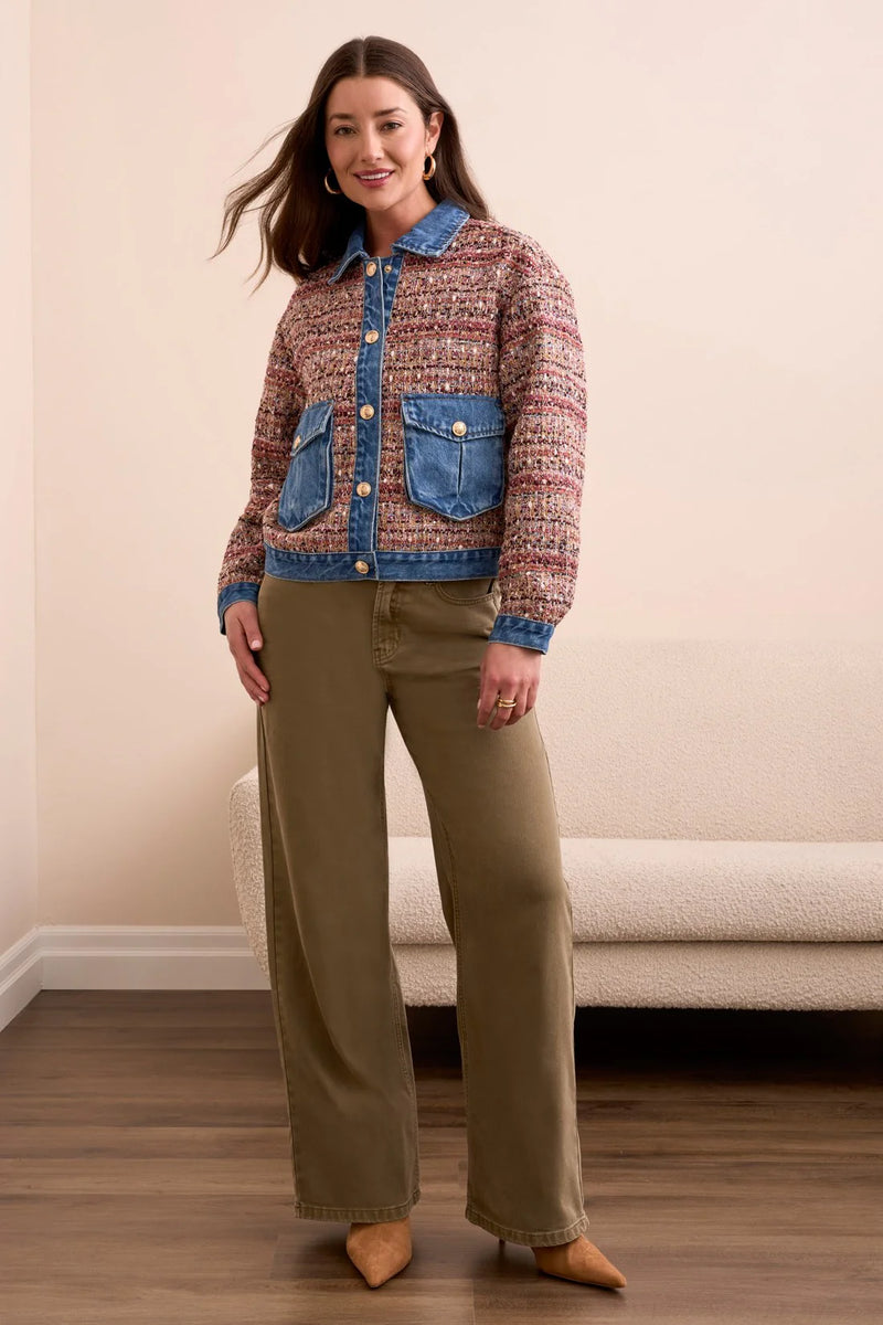 Mixed Media Plaid Jacket With Denim Inserts