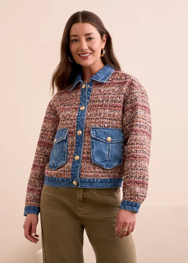 Mixed Media Plaid Jacket With Denim Inserts