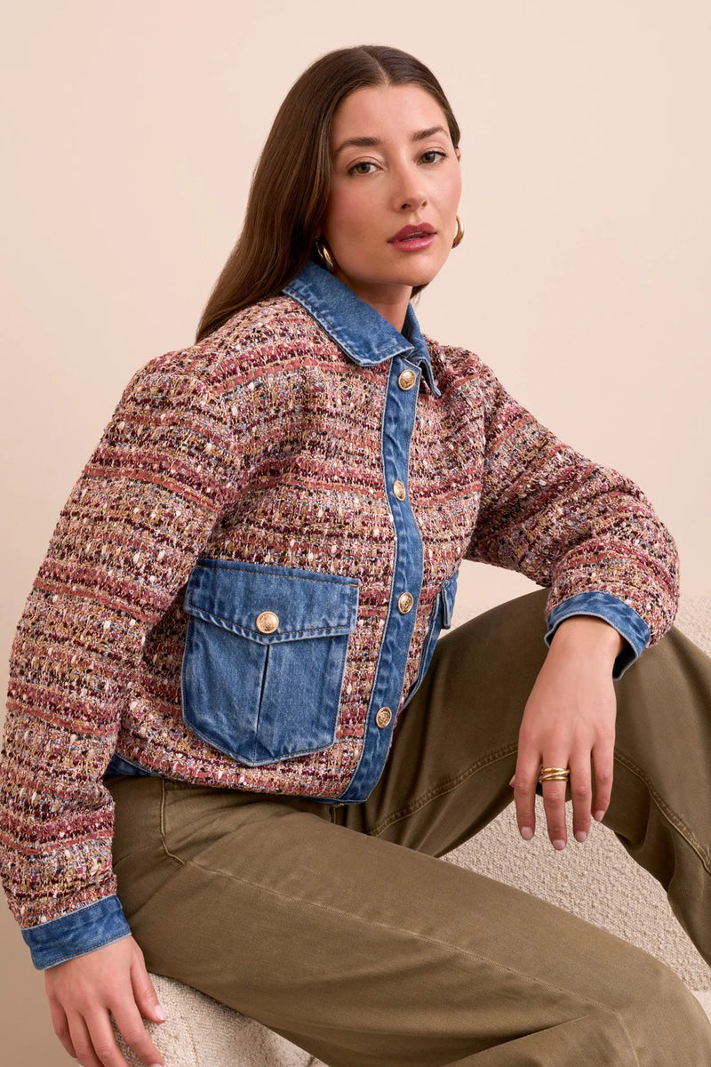 Mixed Media Plaid Jacket With Denim Inserts