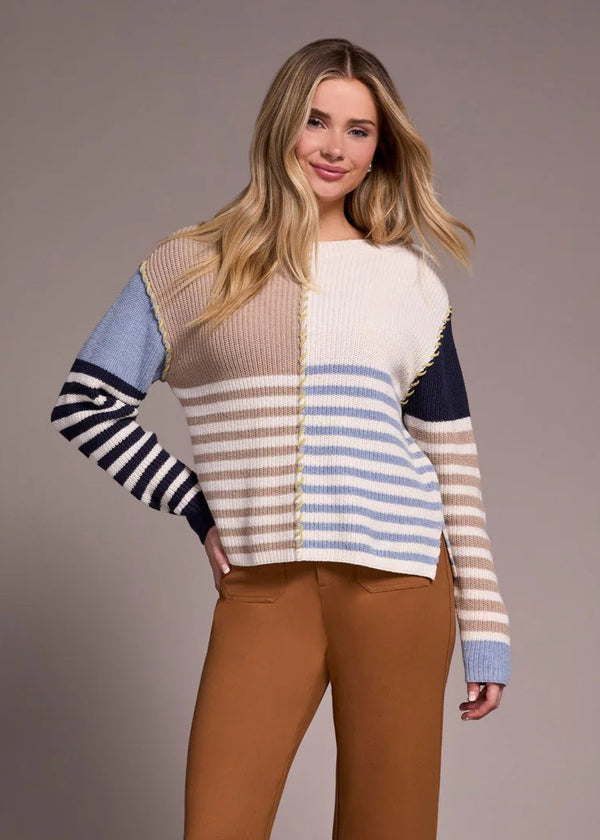 Multi Stripe Textured Boat Neck Sweater