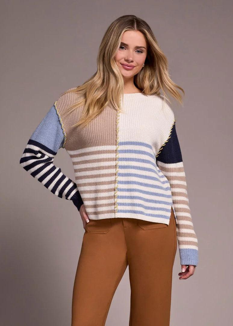 Multi Stripe Textured Boat Neck Sweater