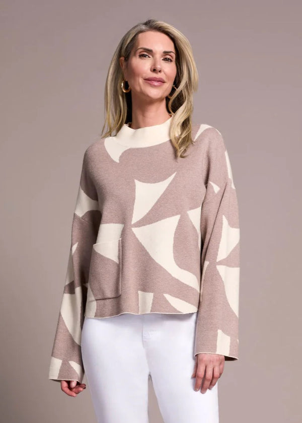 Oversized Mock Neck Abstract Print Sweater